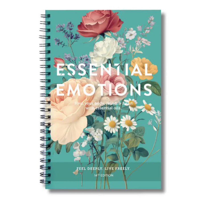 Notebook with floral design and 'Essential Emotions' text on a teal background