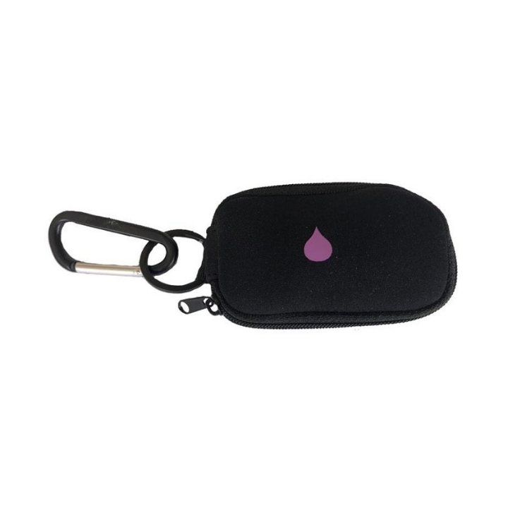 Black keychain case with a purple droplet symbol on a white background