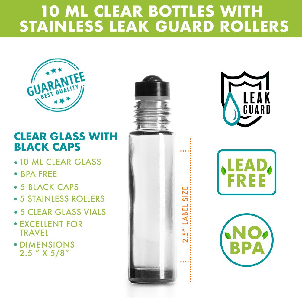 10 ml Clear Glass Bottles with Leak Guard™ Rollers (Pack of 5) Roll-On Your Oil Tools 